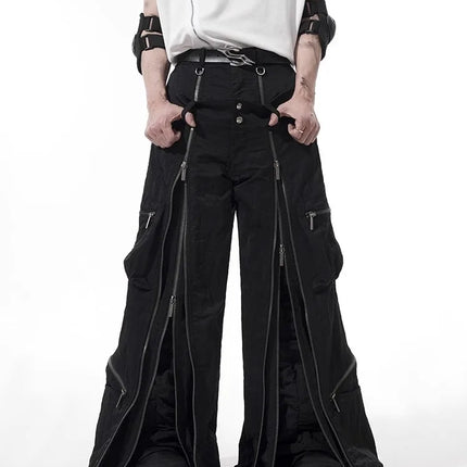 Mauroicardi Spring Autumn Cool Black Baggy Wide Leg Techwear Pants for Mens with Many Zippers Luxury Designer Clothes Streetwear