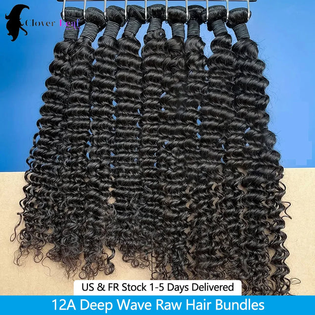 12A Deep Wave Bundles Human Hair Brazilian Remy 30 32 Inch Raw Curly Hair Bundles 100% Human Hair Extensions 3/4 PCS Double Weft Wet Human Hair Bundles Thick Full Ends Soft Bouncy Hair For Women Salon Grade Long Lasting Luxur