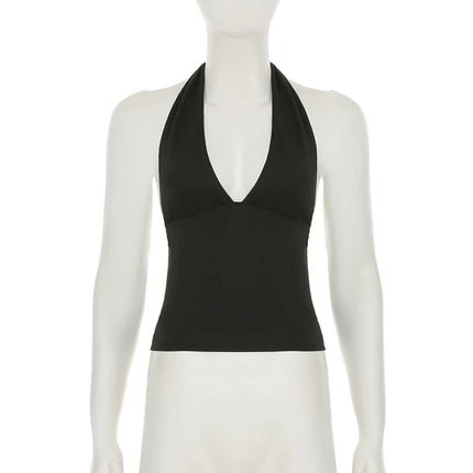 SUCHCUTE Y2K Solid Backless Halter Crop Top Women Sexy Sleeveless Low Cut V-neck Tank Tops Summer Casual Slim Vest Coquette 2025