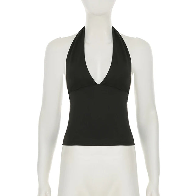 SUCHCUTE y2k Solid Backless Halter Crop Top Women Sexy Sleeveless Low Cut V-neck Tank Tops Summer Casual Slim Vest Coquette 2025