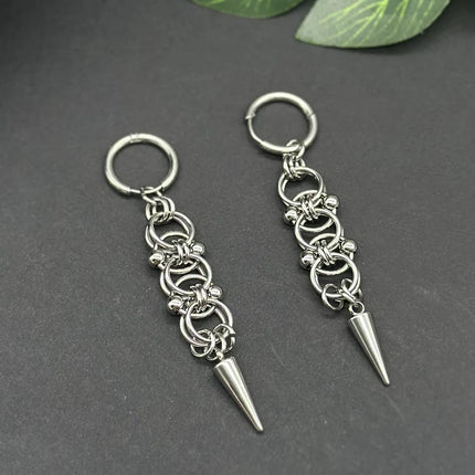 Gothic Punk Handmade Stainless Steel Spike Hoop Earrings for Women Grunge Y2K Byzantine Chainmail Chain Dangle Earrings