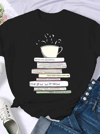 Coffee Books Brown books American retro T-shirt woman round neck half sleeve T-shirt printed T-shirt top woman oversized