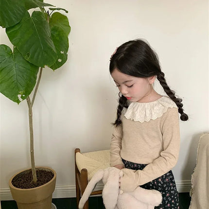 1-12 Years Long-Sleeved Shirts Children's Spring Knitted Tops Baby's Lace 2025 Lace Base Shirt Korean Girls Ruffle Collar T-shirt