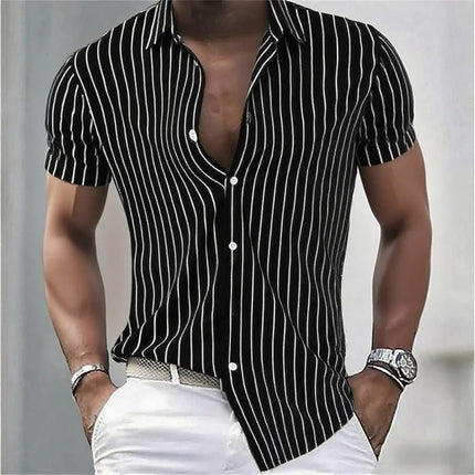 Men's Shirt Striped Slim Fit Short Sleeve Shirt, Breathable Lapel Button Fashion Hawaiian Shirt, Comfortable Fabric XS-6XL