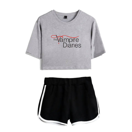 Fashion Youthful The Vampire Diaries Short Sleeve Women Sexy Shorts+lovely T-shirts Dew navel Pretty Girl suits Two Piece Set