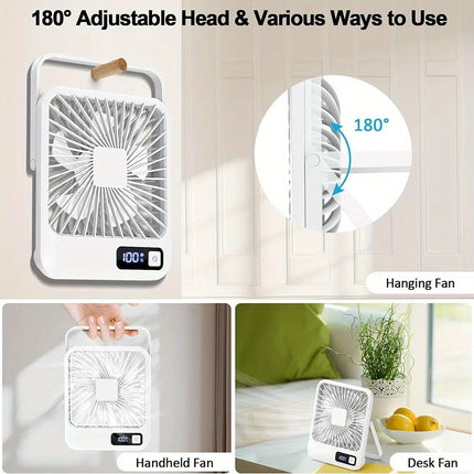 Portable Rechargeable Foldable Desktop Fan Type-C，  Speed Adjustment Strong Wind Low Noise LED Power Display Convenient