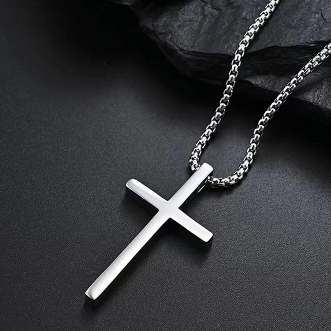 Stainless Steel Cross Necklace for Men Boys,Silver Color Plain Cross Pendant Collar,Hiphop Classic Punk Jewelry Gift