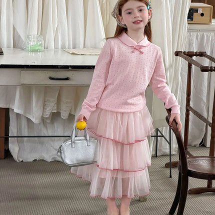 2026 Spring Sweet Preppy Style Girls Blouse Pink Peter Pan Collar Bow Openwork Knit Top Soft Long Sleeve Children Tee