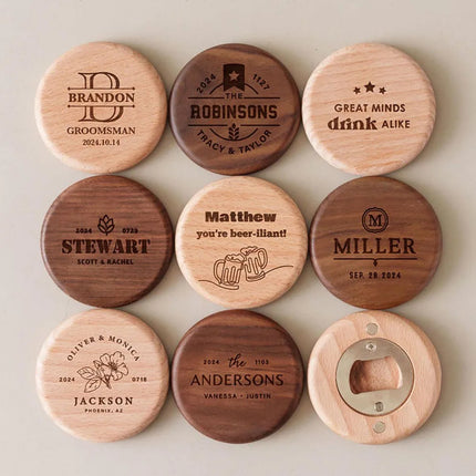 Personalised Logo Round Wooden Beer Bottle Opener with Magnetic Fridge Magnet, Wedding Gift