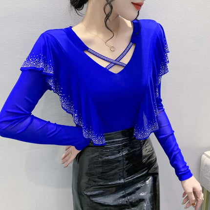 2025 Autumn New Style Mesh Tops Korean Fashion Round Neck Ruffles Shirt Lotus Leaf Edge Hot Diamond Long Sleeve Women T-Shirt