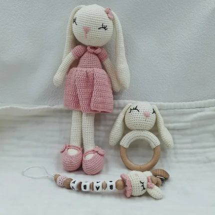 1 Set DIY Crochet Bear Baby Teether Newborn Bunny Rattle Toy Wooden Molar Teething Ring Pacifier Clips Chain Set Baby Stuff
