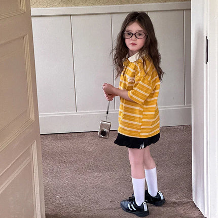 Children's Collar Polo Shirt 2025 Summer Boys and Girls Korean Edition Casual Contrast Striped T-shirt Top
