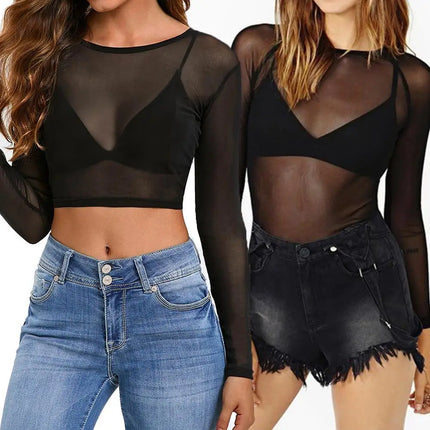 Sexy Women T Shirt See Through Mesh Tops Transparent Sheer Slim Ladies Tee Tops Sunscreen Tops Long Sleeve Bottoming Shirts