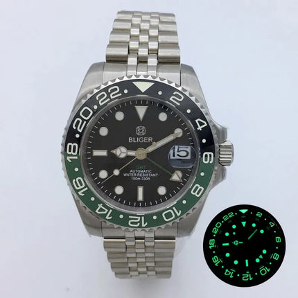 BLIGER 40mm NH34 GMT Watch For Men Mechanical Wristwatch Luminous Bezel Sapphire Glass Stainless Steel Bracelet Reloj Hombre
