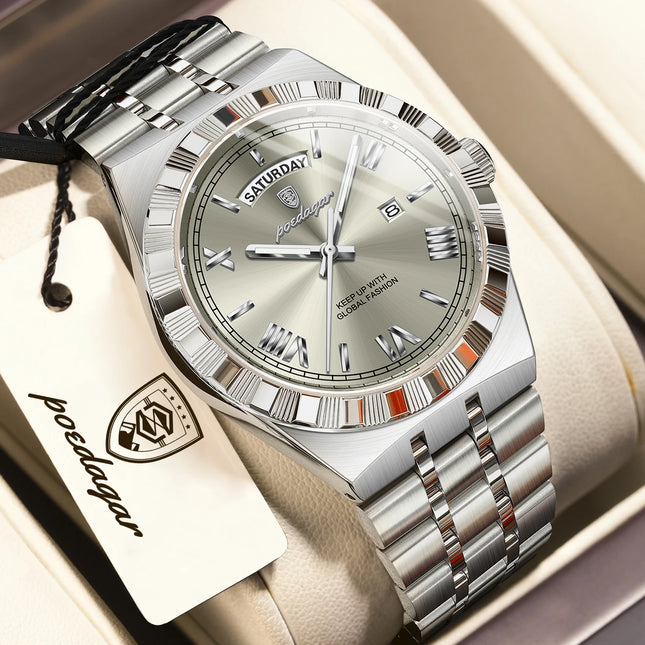 POEDAGAR Business Man Watch Week Date Waterproof Luminous Original Watches For Men Stainless Steel Men's Quartz Wristwatch Reloj