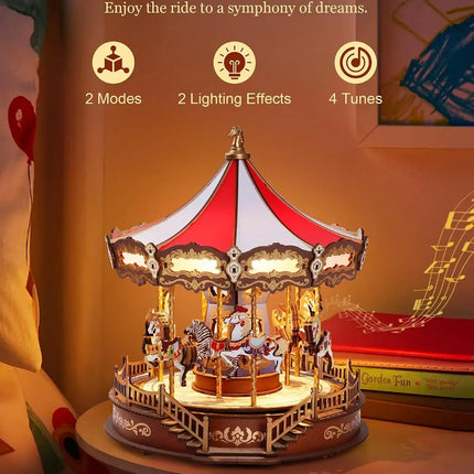 Robotime 3D Wooden Puzzle Carousel Music Box With LED Lights Gear Model Building Construction Craft Kits Xmas Gifts for Adult