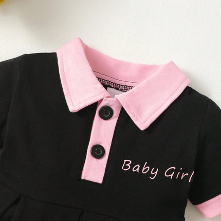 Summer Baby Girl Letter Graphic Contrast Collar Pleated Hem Dress