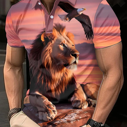 Men's 3D Lion Eagle Sunset Printed Shirt - Classic Striped Collar Machine Washable, Four Seasons Casual Pattern T-shirt