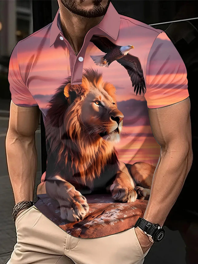 Men's 3D Lion Eagle Sunset Printed Shirt - Classic Striped Collar Machine Washable, Four Seasons Casual Pattern T-shirt