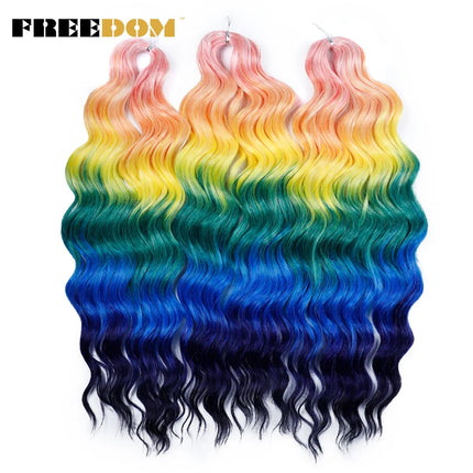 FREEDOM Synthetic Curly Braiding Hair Extensions 24 inch/60 cm Long Deep Wavy Twist Crochet Braids Hair Ombre Brown Rainbow Hair