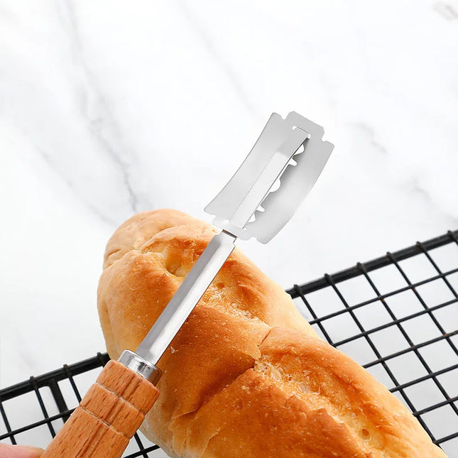 1PC Curved Bread Slicer with Wooden Handle Stainless Steel Dough Dividing Shaping Knife for Baking