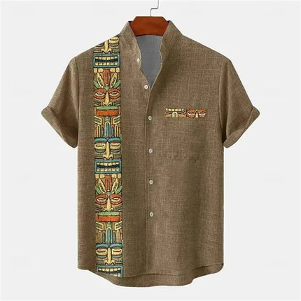 Men's shirt ethnic style 3D printing henley shirt, men's fashion button down collar short sleeve, high quality men's tops