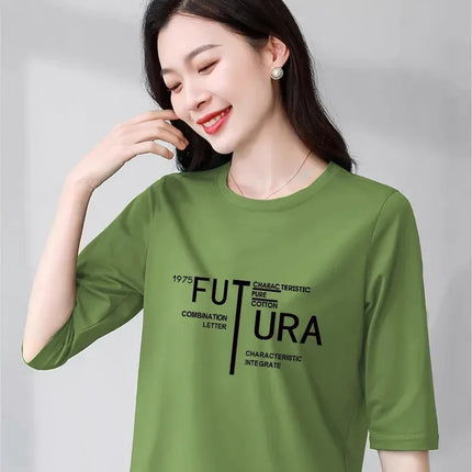 High-End Pure Cotton T-Shirt Women's Summer 3/4 Sleeve 2025 New Korean Style Fashionable Simple Slimming Top Body Shirt