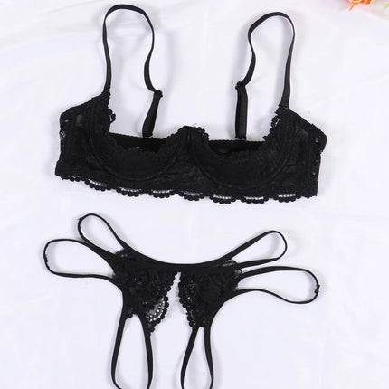 Lace Crotchless Bra G-string Set 2pcs Erotic Cutout Bra Open Cup Bra Hollow Out Underwears Women Lingerie