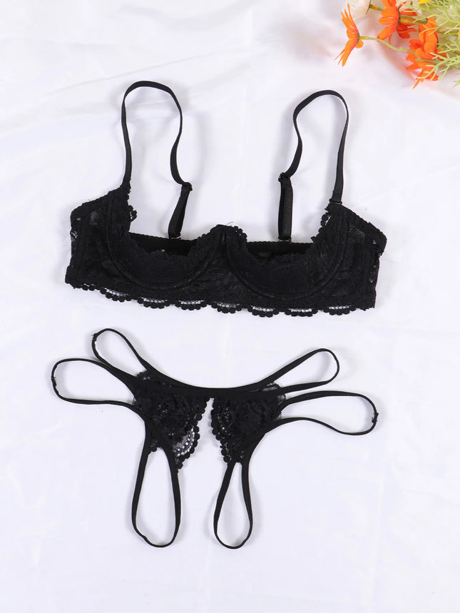 Lace Crotchless Bra G-string Set 2pcs Erotic Cutout Bra Open Cup Bra Hollow Out Underwear Women Lingerie