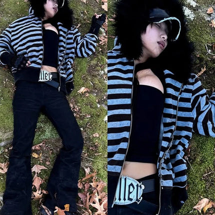 Goth Aesthetic Women Hoodie Harajuku Retro Y2K Emo Girl Fur Collar Cardigan Sweatshirt Rock Punk Hip Hop Casual Loose Streetwear