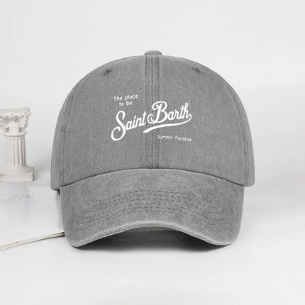 Saint Barth "The Place To Be" Print Washed Baseball Cap Adjustable Unisex Summer Vacation Sun Hat