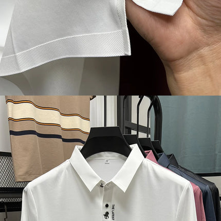 High End Brand New Summer Solid Color Silk Cotton High-quality Short Sleeved Polo Men's Fashionable Business Seamless Casual Top