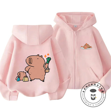 Kids Capybara Trendy Zip Up Hoodie Boys Girls Autumn Winter Cute Kawaii Cartoon New Style Children Hooded Sweatshirt