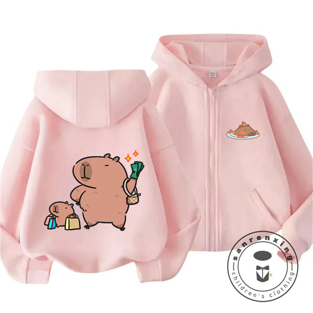 Kids Capybara Trendy Zip Up Hoodie Boys Girls Autumn Winter Cute Kawaii Cartoon New Style Children Hooded Sweatshirt