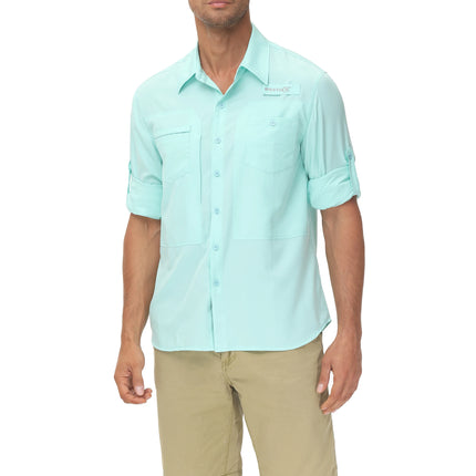 Summer Men's UPF 50+ Casual Long Sleeve Fishing Shirts, Lightweight Tactical Button Down Shirt with Breathable Back Mesh