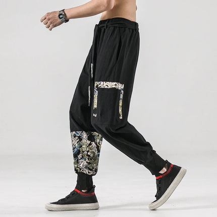 2024 Autumn Men Linen Harem Pants Mens Vintage Chinese Style Cotton Trousers Man Streetwear Pants Male Print Cross Crotch Pants