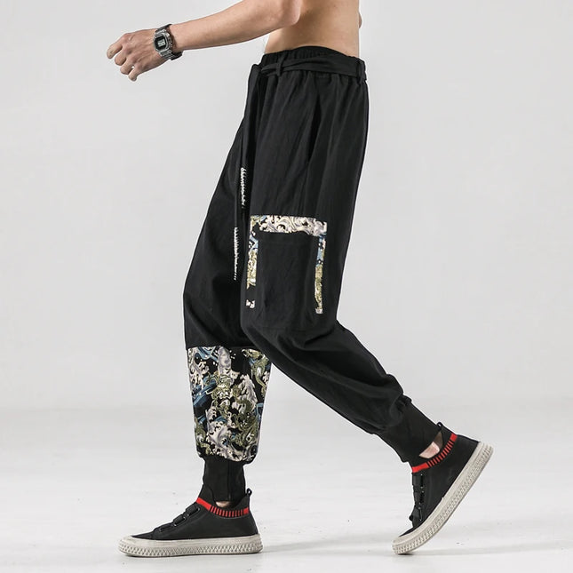 2024 Autumn Men Linen Harem Pants Mens Vintage Chinese Style Cotton Trousers Man Streetwear Pants Male Print Cross Crotch Pants