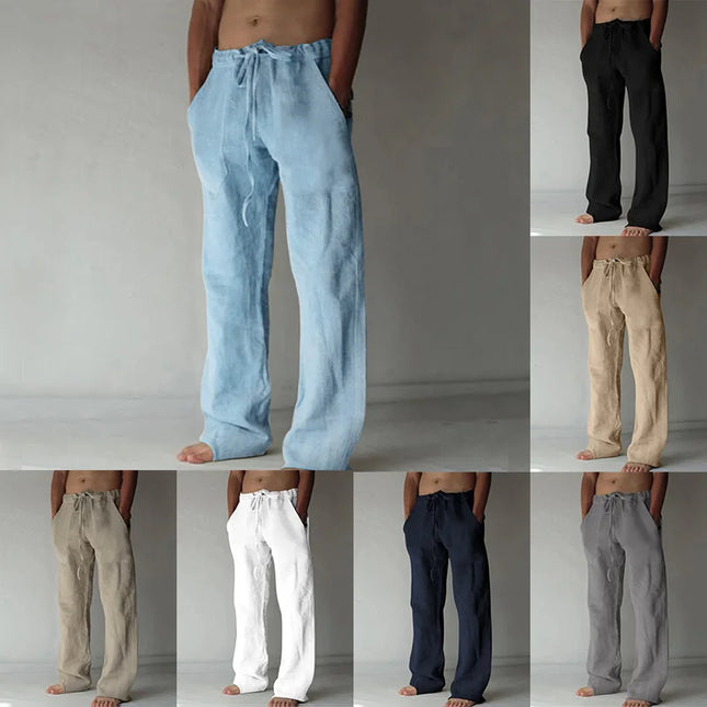 2026 summer men's cotton and linen oversized wide leg pants, men's artistic style elastic waist solid color casual loose pants ﻿
