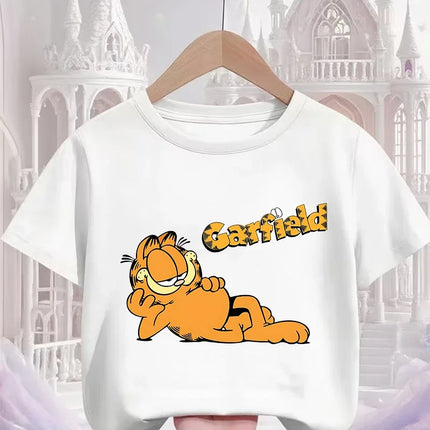 Garfield Cartoon Crew Neck T Shirt Children Boys Girls Summer Cute Kawaii Fashion Street Casual Tops 3-14 Years