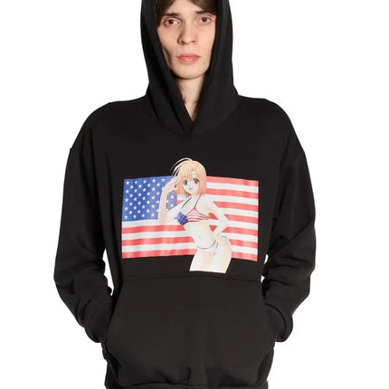 Y2K Gothic American Girl Hoodie Street Casual Pullover Mens Womens Anime Hoodie Black Goth Oversized Pullover Clothes