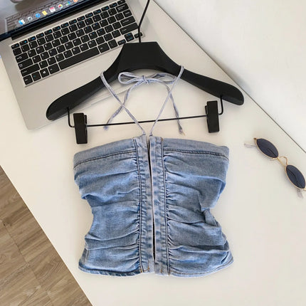 SINGREINY Beach Denim Tank Top 2026 Halter Ruched Slim Solid Camisole Streetwear Hot Girl Basics Y2K Backless Sexy Crop Top