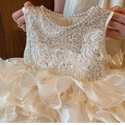 Girl's Princess Dress 2025 New Summer Bright Pearl Dress for Baby Girl's Birthday and First Year Dress with Bow Back Decoration