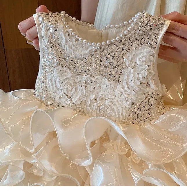 Girl's Princess Dress 2025 New Summer Bright Pearl Dress for Baby Girl's Birthday and First Year Dress with Bow Back Decoration
