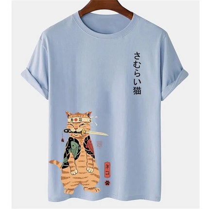Japanese Samurai Cat Print T Shirt For Men Casual Simplicity O-neck Short Sleeve Fashion Trend Harajuku Streetwear Oversized Top