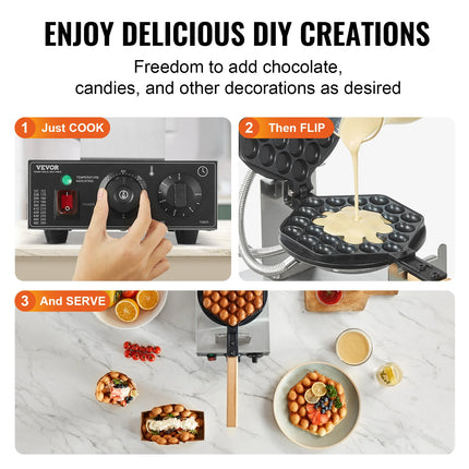 HomeWise Commercial Egg Bubble Waffle Maker 1400W Non-Stick Stainless Steel Bubble Puff w/180° Rotatable 2 Pans & Wooden Handles