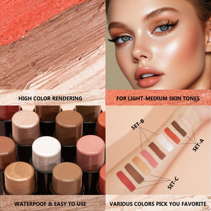 4pcs Contour Stick, Highlighter Stick, Blush Stick 4pcs Cream Contour Kit with Contour Brush, Create Face Contour, Non-greasy