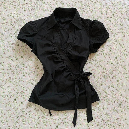 Gothic Harajuku Y2K Women's Crop Top Casual Slim Fit Striped Lace Bow Button Design Short Sleeve T-Shirt Chic Trendy Streetwear