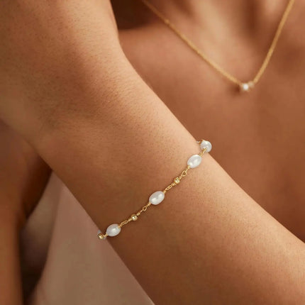 14K Gold Plated Pearl Bracelets Women Dainty Pearl Chain Bridesmaid Bracelets, Waterproof Wedding Jewelry for Women Adjustable
