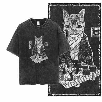 COOLMIND DB cat Printed Cotton Acid Washed Exclusive Graphic Unisex T Shirt Cool Streetwear Men Tshirts Big Size Tee for men