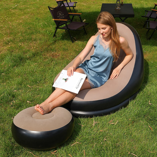 Lazy Couch Sofas Inflatable Chair Foldable Recliner Outdoor Sofa Bed Footstool Portable Folding Air Bed Lunch Lounge Chair Set